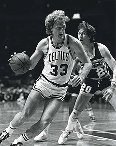 larry bird dribbling against an awesome denver nuggets or pacers can't tell white guy